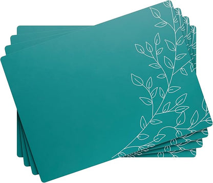 Royalty Art Deep Sea Green Boho Placemats, 4 Pc. Set, Non-Slip Cork Backed, Wipeable Heat Resistant Surface for Kitchen and Dining Table Protection, Cute Floral Pattern for Farmhouse or Rustic Decor