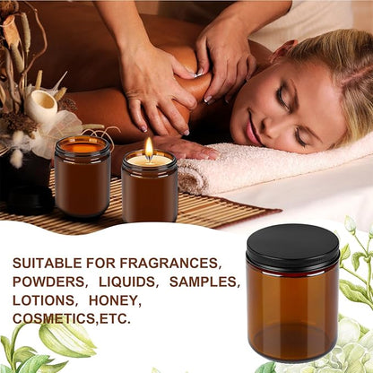 Goiio 6 Pack Amber Glass Jars, 8 Oz Thick Amber Round Glass Jars, with Black Metal Lids, for Spice, Liquid, Sample, Leakproof and Dishwasher Safe