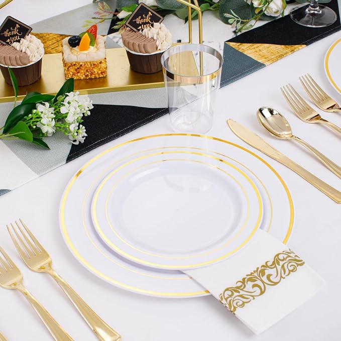 350 Pieces White and Gold Plastic Plates - Image 3