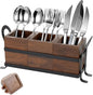 Wooden Utensil Holder with Drain Holes - 3 Compartments Farmhouse Kitchen Utensil Caddy Silverware Holder, Black Metal Tray Flatware Organizer for Spoons Forks Knives (New Improved Version)
