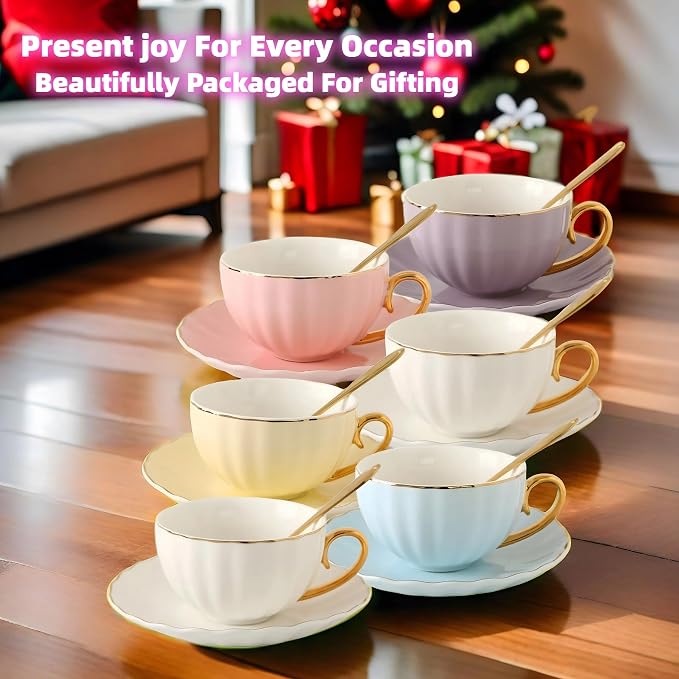 ICHAG 18-Piece Bone China Cup and Saucer Set, 7.7oz Pumpkin Coffee Cups - Image 5