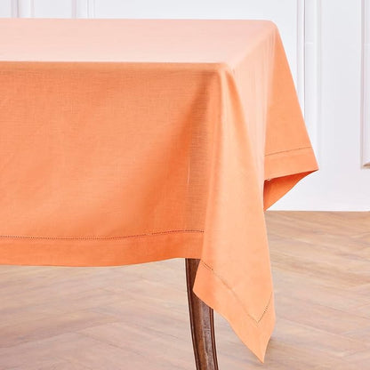 Solino Home Linen Tablecloth 60 x 144 Inch - Classic Hemstitch 100% Pure Linen Coral Table Cloth for Rectangle Tables - Machine Washable Tablecloth for Valentines, Spring, Easter