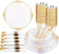 Nervure 175PCS Clear Gold Plastic Plates - Disposable Gold Party Plates & Pre Rolled Napkins with Cutlery for 25 Guests, 50Plates, 75Silverware, 25Cups, 25Napkin for Wedding & Party