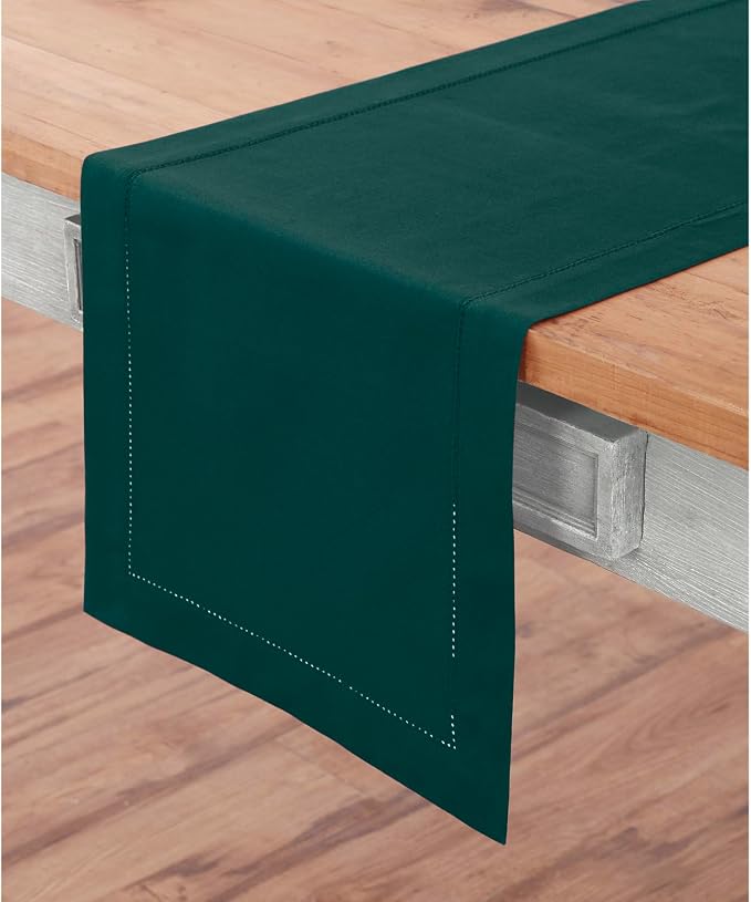 Solino Home Cotton Linen Table Runner Dark Green Hemstitch, 14 x 120 in | - Image 2