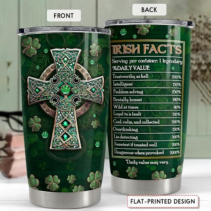 SANDJEST Irish Tumbler 20oz Irish Facts Celtic Cross Stainless Steel Tumbler - Image 2