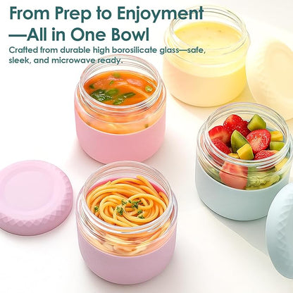 24 oz Glass Lunch Bowl Container with Lid | Leak & Spill Proof, BPA-Free, Microwave & Dishwasher Safe, Airtight Meal Prep & Food Storage Jar for Lunch, Salad, Soup, Overnight Oats, Stew, Yogurt