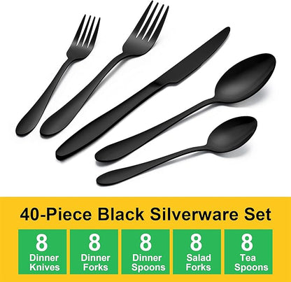 LIANYU 40-Piece Black Silverware Set for 8, Stainless Steel Flatware Cutlery Set, Tableware Eating Utensils Include Forks Knives Spoons, Mirror Polished, Dishwasher Safe