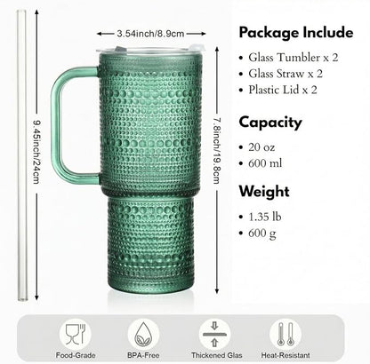 20 oz Green Glass Tumbler with Lid and Straw, Glass Iced Coffee Cups, - Image 7