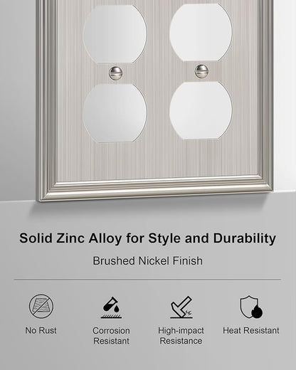 2-Pack Double Duplex Outlet Cover, Brushed Nickel Decorative Switch Plates and Outlet Covers for Electrical Outlets, Durable Zinc Alloy Wall Plates, 2 Gang Receptacle Cover
