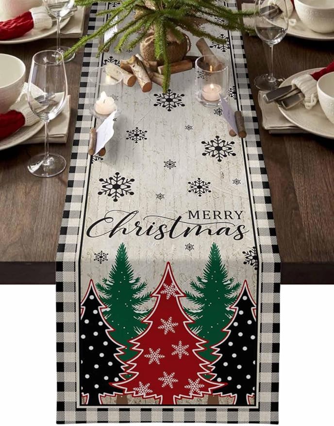 Christmas Trees Table Runner 108 Inches Long, Xmas Snowflake Retro Table by Unknown