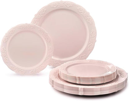 " OCCASIONS " 50 Plates Pack (25 Guests) Vintage Wedding Party Disposable Plastic Plate Set -25x10.25'' Dinner +25x7.5'' Salad/Dessert plates (Portofino in Light Pink)