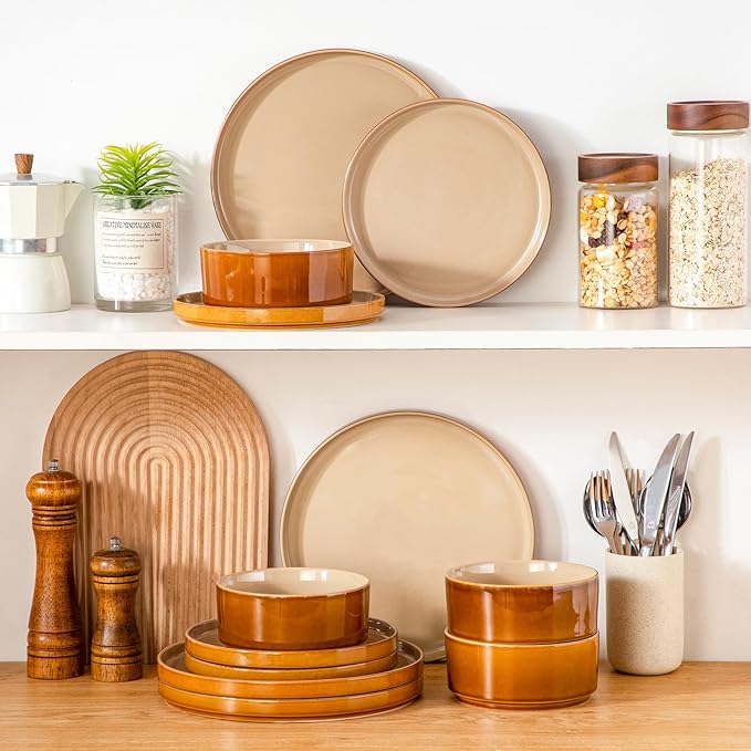 vancasso ONION Ceramic Plates and Bowls Sets, 12 Pieces Brown Dinnerware Sets - Image 5
