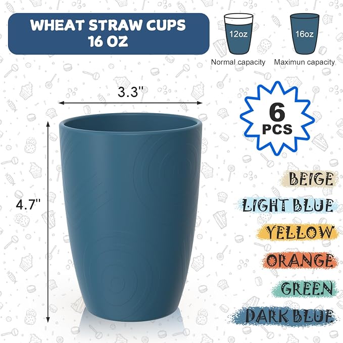Wheat Straw Cups, Plastic Cups Reusable, Unbreakable Drinking Glasses Set of 6 - Image 3