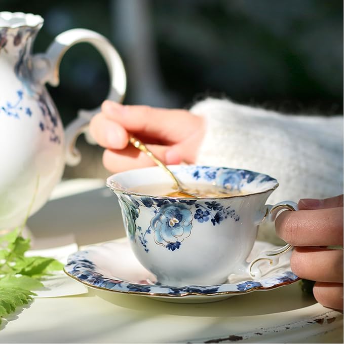 21-Piece Bone China Tea Set for Adults, Vintage Floral Tea Cup Set - Image 6