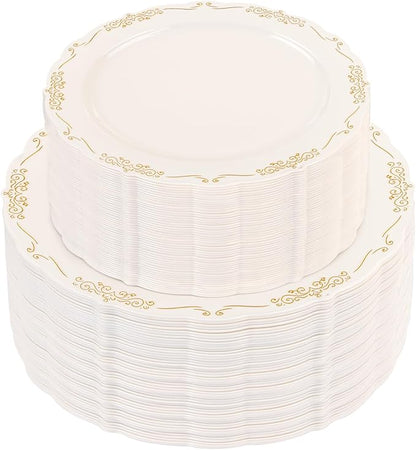 U-QE 100 PCS Ivory Plastic Plates with Gold Rim - Gold Plastic Plates for Party - Heavy Duty Plastic Plates Disposable Use Including 50 Dinner Plates 10 '' & 50 Dessert Plates 7.5 ''