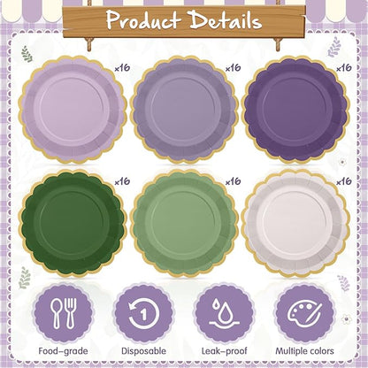 96 Pcs Sage Green Purple Paper Plates 9 Inch Lavender Scalloped Paper Disposable Dinner Dessert Plates for Birthday Wedding Bridal Party Supplies, 6 Colors
