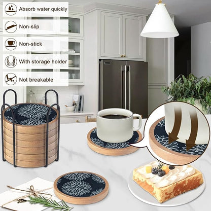 Wood Coasters Set of 8 with Holder, Cewiru Cup Mat - Image 2