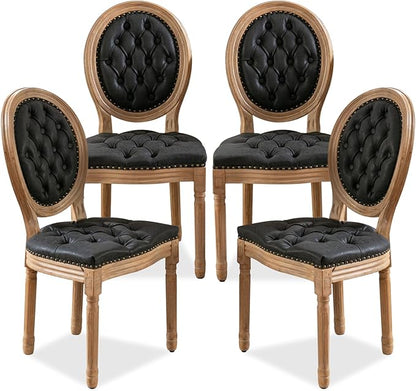SoarFlash French Dining Chairs Set of 4, Vantage Dining Chair with Round Back, Farmhouse Country PU Leather Dining Chair for Kitchen,Bedroom,Black