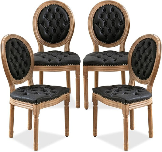 SoarFlash French Dining Chairs Set of 4, Vantage Dining Chair with Round Back, Farmhouse Country PU Leather Dining Chair for Kitchen,Bedroom,Black