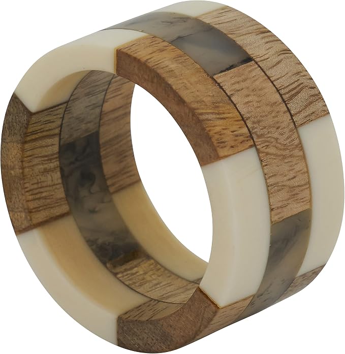 SARO LIFESTYLE Mango Wood & Resin Napkin Rings – Modern Block Pattern by SaroLifestyle