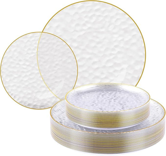 FOCUSLINE 60Pcs Clear Plastic Plates, Clear Disposable Plates with Gold Rim, 30 7" Salad Dessert Plate and 30 10" Dinner Plate Heavy-duty Hammered Plates for Party, Wedding