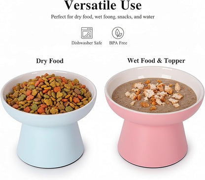 Elevated Cat Food Bowls 2 Pack,Ceramic Raised Cat Bowls with Non-Slip Base,Whisker Friendly Shallow Design for Dry & Wet Food,Anti-Vomiting Cat Feeder,Dishwasher & Microwave Safe (Pink&Blue)
