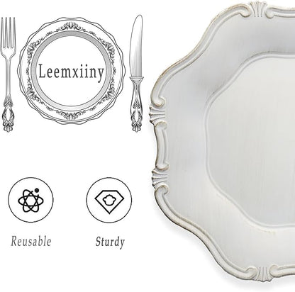 White Charger Plates Set of 6, Decorative Table Plastic Chargers for Dinner Plates, Party, Wedding, Thanksgiving, Christmas， JX11W
