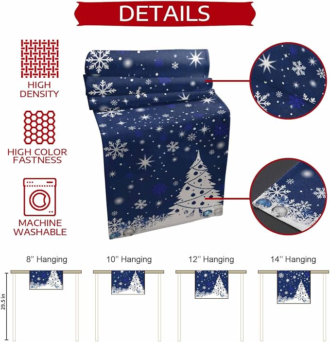 Navy Blue Christmas Tree Table Runner 90 Inches Long, Xmas Balls Snowflake - Image 7
