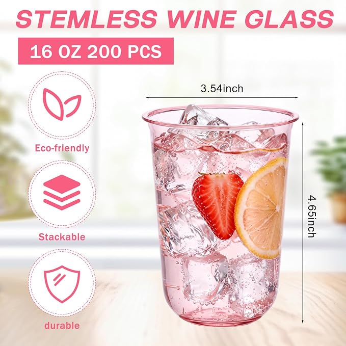 Ziliny 200 Pcs Disposable Stemless Glasses 16oz Crystal Plastic Wine Glasses - Image 3