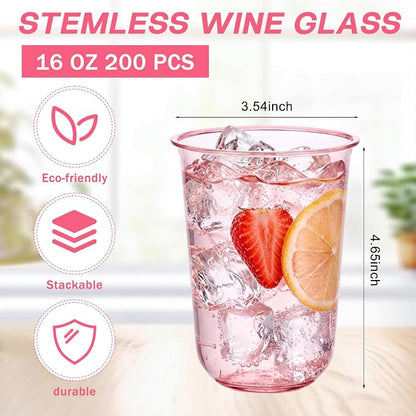 Ziliny 200 Pcs Disposable Stemless Glasses 16oz Crystal Plastic Wine Glasses - Image 3