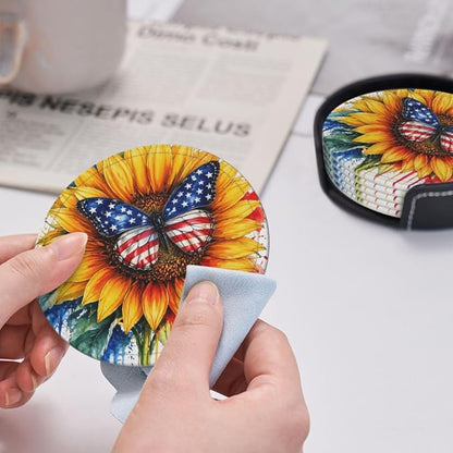 Patriotic Sunflower Butterfly Art Leather Coasters Set of 6 - Image 6