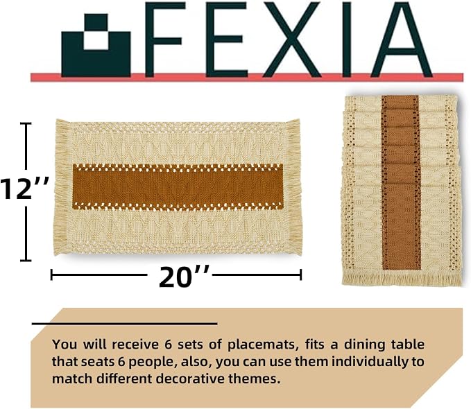 Boho Placemats Set of 6 Table Mats Farmhouse Dining Decor Caramel | 12x20" - Image 2