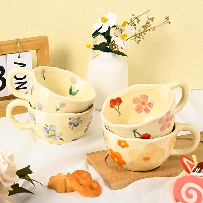 Ceramic Coffee Mug Vintage Flower Mugs 8 oz Cute Floral Coffee Mugs Irregular - Image 3