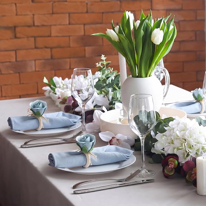 Flower Napkin Rings Set of 12 Wooden Dusty Blue Rose Handmade Napkin Holders - Image 5