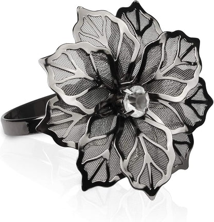 Picowe Set of 12 Alloy Napkin Rings with Hollow Out Flower Napkin Ring Holders for Wedding Party Holiday Banquet Christmas Dinner Delicate Serviette Buckles Decor Favor (Gun Metal)