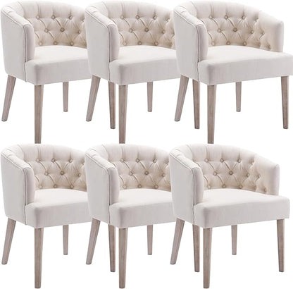 Mid-Century Dining Chairs Set of 6, Tufted Upholstered Linen Dining Room Chairs Comfy Side Chair Armchair Guest Chair with Wooden Legs for Dining Room Living Room, Beige