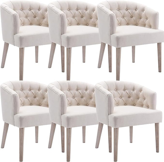 Mid-Century Dining Chairs Set of 6, Tufted Upholstered Linen Dining Room Chairs Comfy Side Chair Armchair Guest Chair with Wooden Legs for Dining Room Living Room, Beige