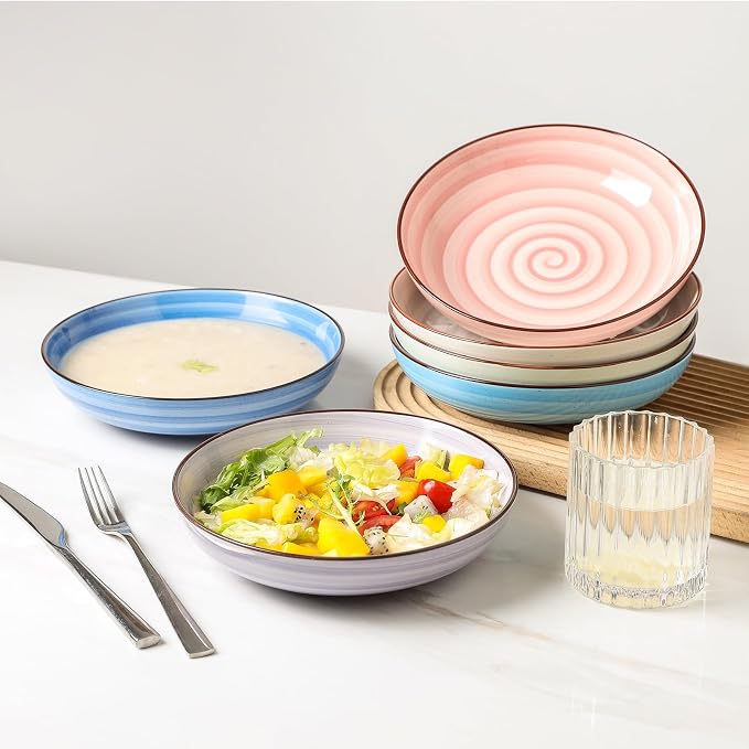 KitchenTour Large Pasta Bowls 34 oz, Ceramic Salad Serving Bowls Set of 6 - Image 3