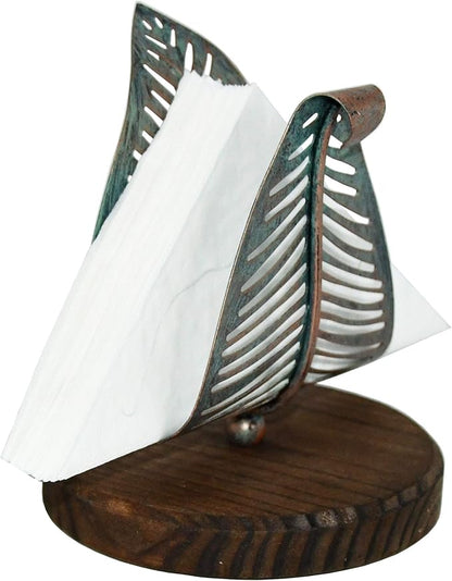 OwlGift Freestanding Modern Napkin Holder w/Golden Turquoise Metal Leaf & Brown Wooden Base Design, Tabletop Tissue Dispenser, Napkin Storage Organizer
