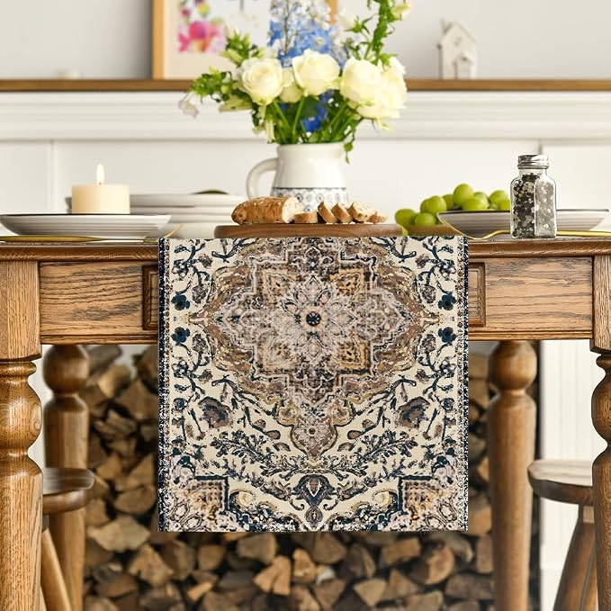 Artoid Mode Dark Blue Boho Bohemia Style Table Runner, Country Rustic Farmhouse - Image 2