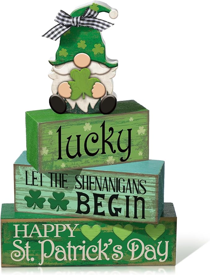 Moucuny 4 Pcs St. Patrick's Day Table Decoration Irish Tiered Tray Decor Wooden by Moucuny