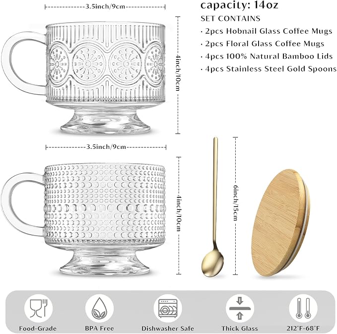 INSETLAN Vintage Glass Coffee Mugs 14 oz Set of 4, Embossed Overnight Oats - Image 3