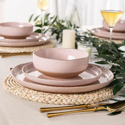 AmorArc Ceramic Dinnerware Sets for 4, 12 Pieces Handpainted Plates and Bowls Set with Rustic Terracotta Underside, Scratch Resistant Stoneware Dishes Set, Dishwasher & Microwave Safe