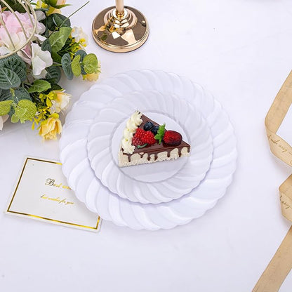 U-QE 100 Pieces White Plastic Plates - Premium White Disposable Plates for Wedding and Party Use Including 50PCS 9 '' Dinner Plate & 50PCS 6.5 '' Dessert Plate