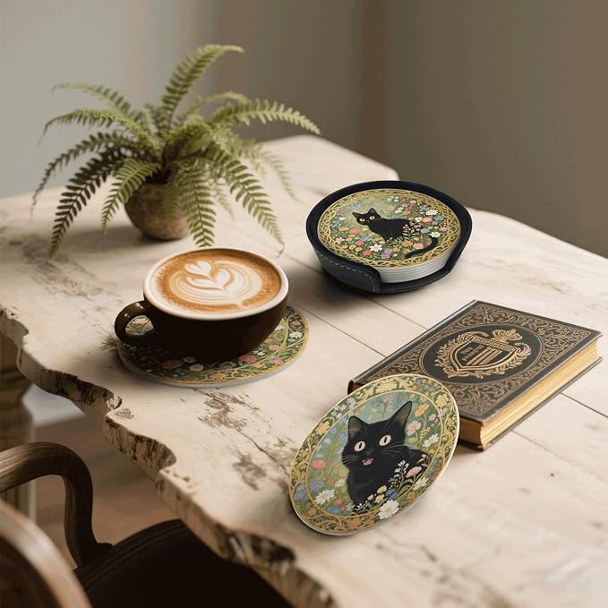 6 Pcs Black Cat Flower Drink Coasters - Image 2