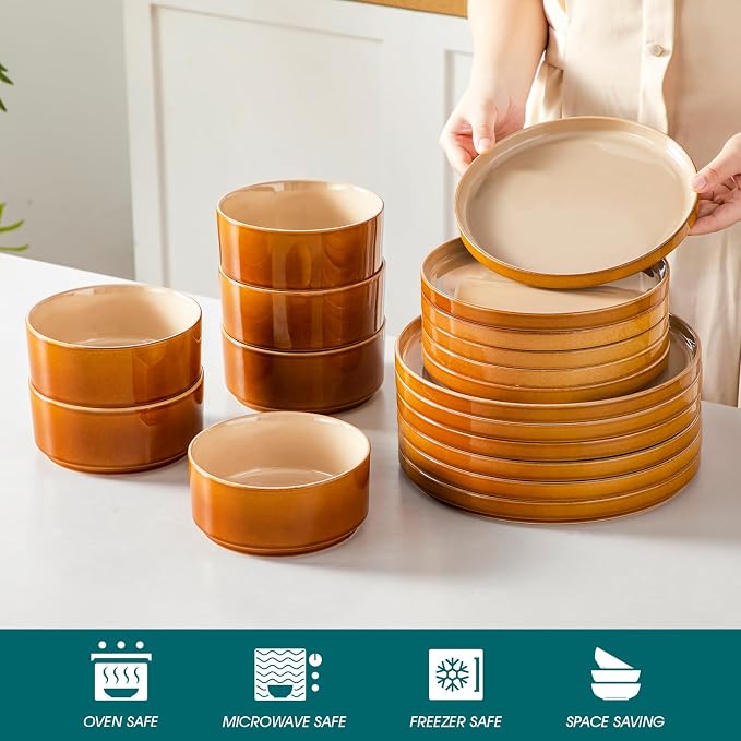 vancasso ONION Ceramic Plates and Bowls Sets, 18 Pieces Brown Dinnerware Sets - Image 4
