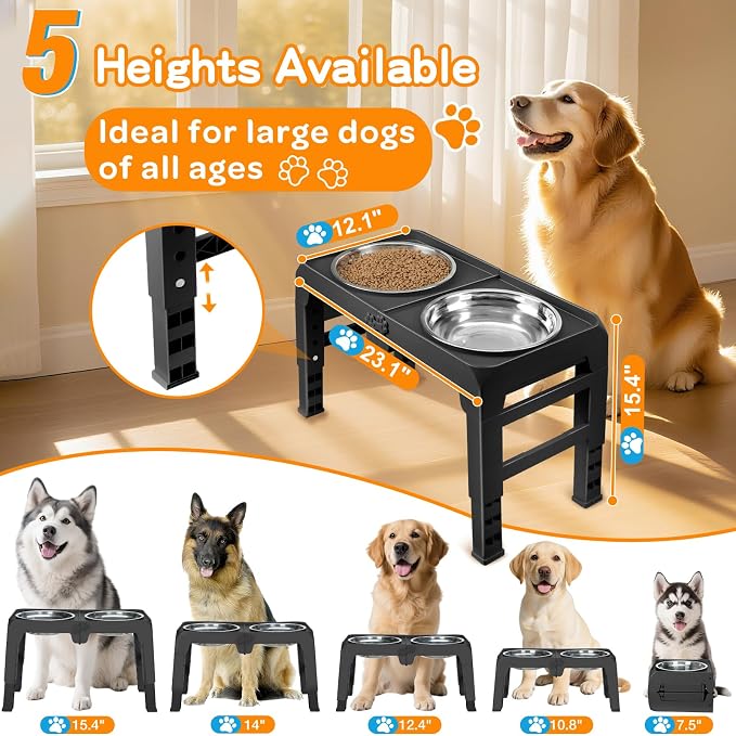 Elevated Dog Bowls for Large Dogs 5 Adjustable Heights 7.5"-15.4", 2 X-Large - Image 2