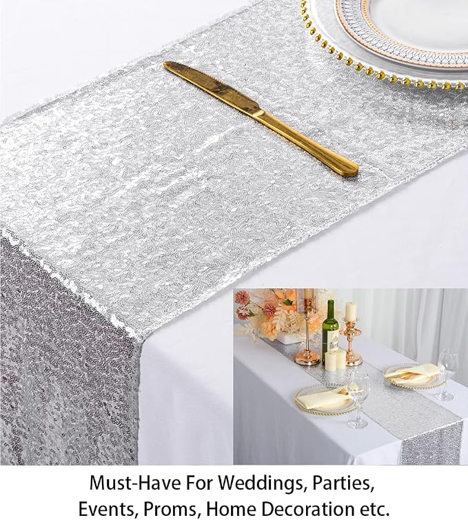 ShinyBeauty Sequin Tassel Table Runner Silver 12in x 90in Sequin Table Runners - Image 4