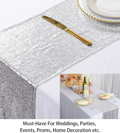 ShinyBeauty Sequin Tassel Table Runner Silver 12in x 90in Sequin Table Runners - Image 4