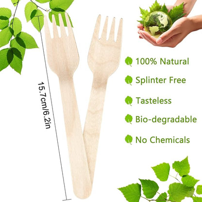 100 Pack Disposable Wooden Forks – 6.2 Inch Splinter-Free Birch Cutlery – Sturdy Natural Wood Utensils for Weddings, BBQ, Parties & Camping – Smooth Unwaxed Alternative to Plastic